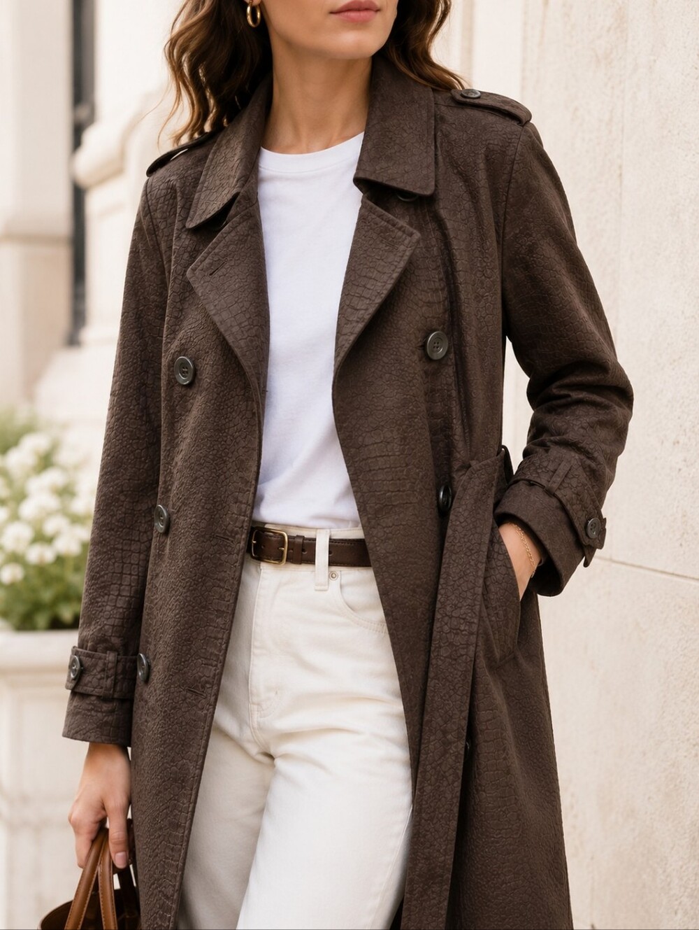 Croc Embossed Faux Suede Trench Coat XL Belted Quiet Luxury Double-breasted